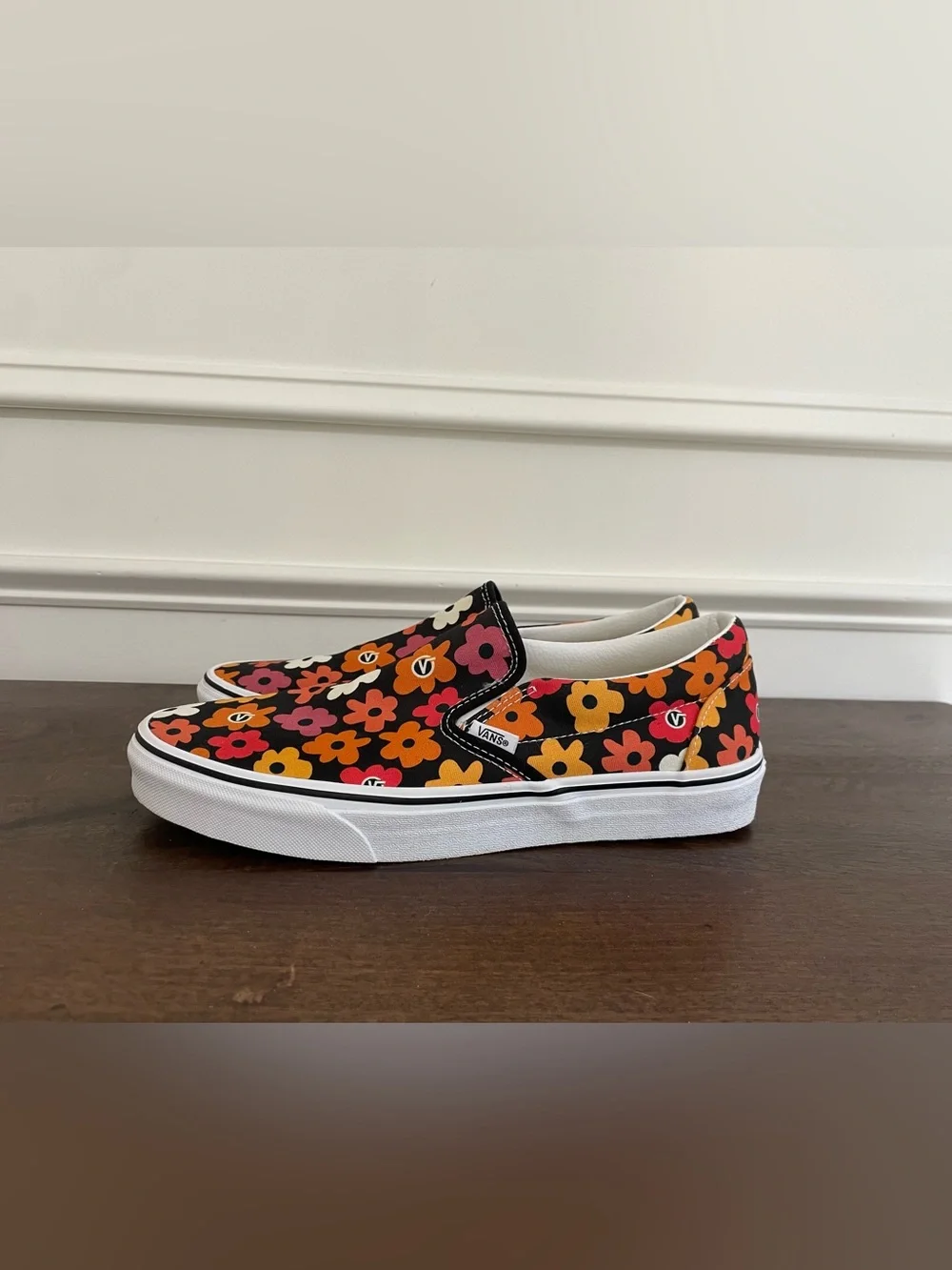 Vans Men’s Slip-On Floral Sneakers - Black with Pink & Orange Flowers - Picture 3 of 6